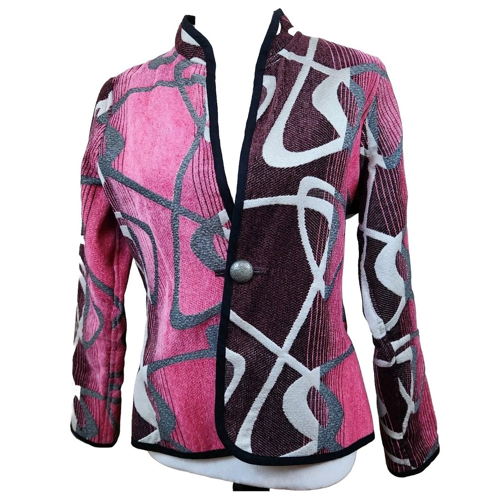 Vtg Trimdin Womens Reversible Jacket Sz Medium Pink Art Deco Modern‎ 80s Blazer
